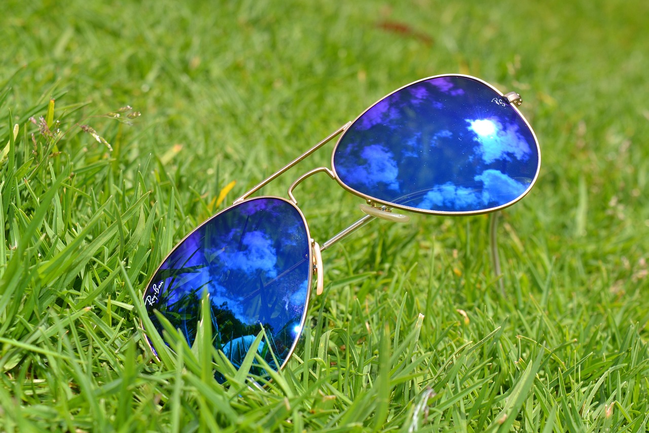 잔디위의 강렬한 태양을 머금은 선글라스