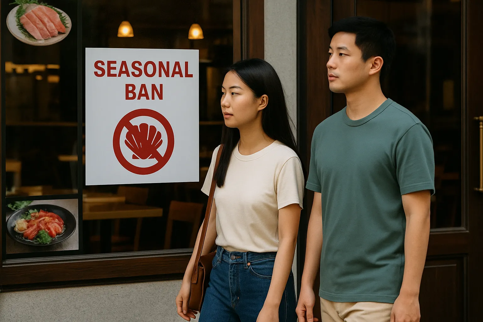 금어기 안내문이 붙은 횟집 앞을 지나가는 커플