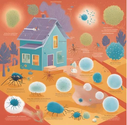 알레르기 반응을 일으키는 다양한 알레르겐들(꽃가루, 집먼지진드기, 동물의 털 등)을 보여주는 일러스트레이션