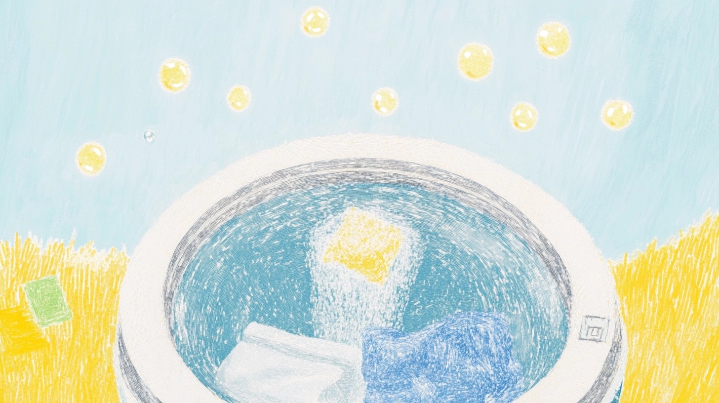 삼성 세탁기의 드럼 내부에서 에코버블 기술로 옷을 부드럽게 세탁하는 거품을 예술적으로 표현한 이미지