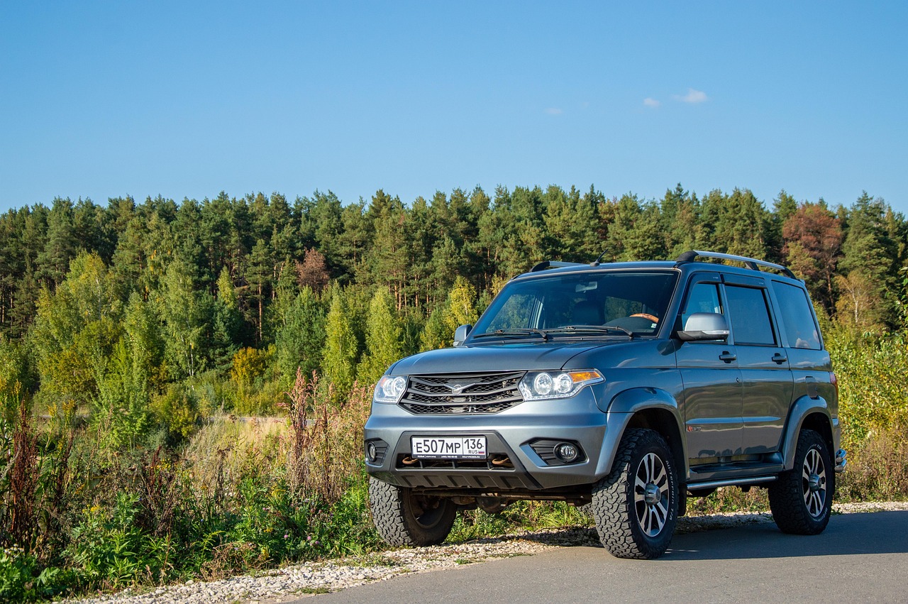 숲길 옆 도로에 주차된 회색 사륜구동(4WD) SUV 차량