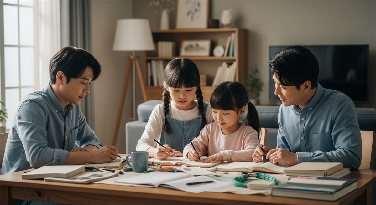 가족이 집에서 신청 전 체크리스트를 준비하는 장면 