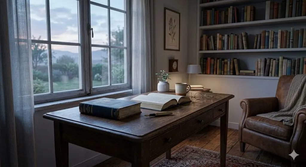 몰락의 아모르파티 소설책 위로 어스름한 새벽 빛이 부드럽게 스며드는 고요하고 감각적인 서재의 풍경