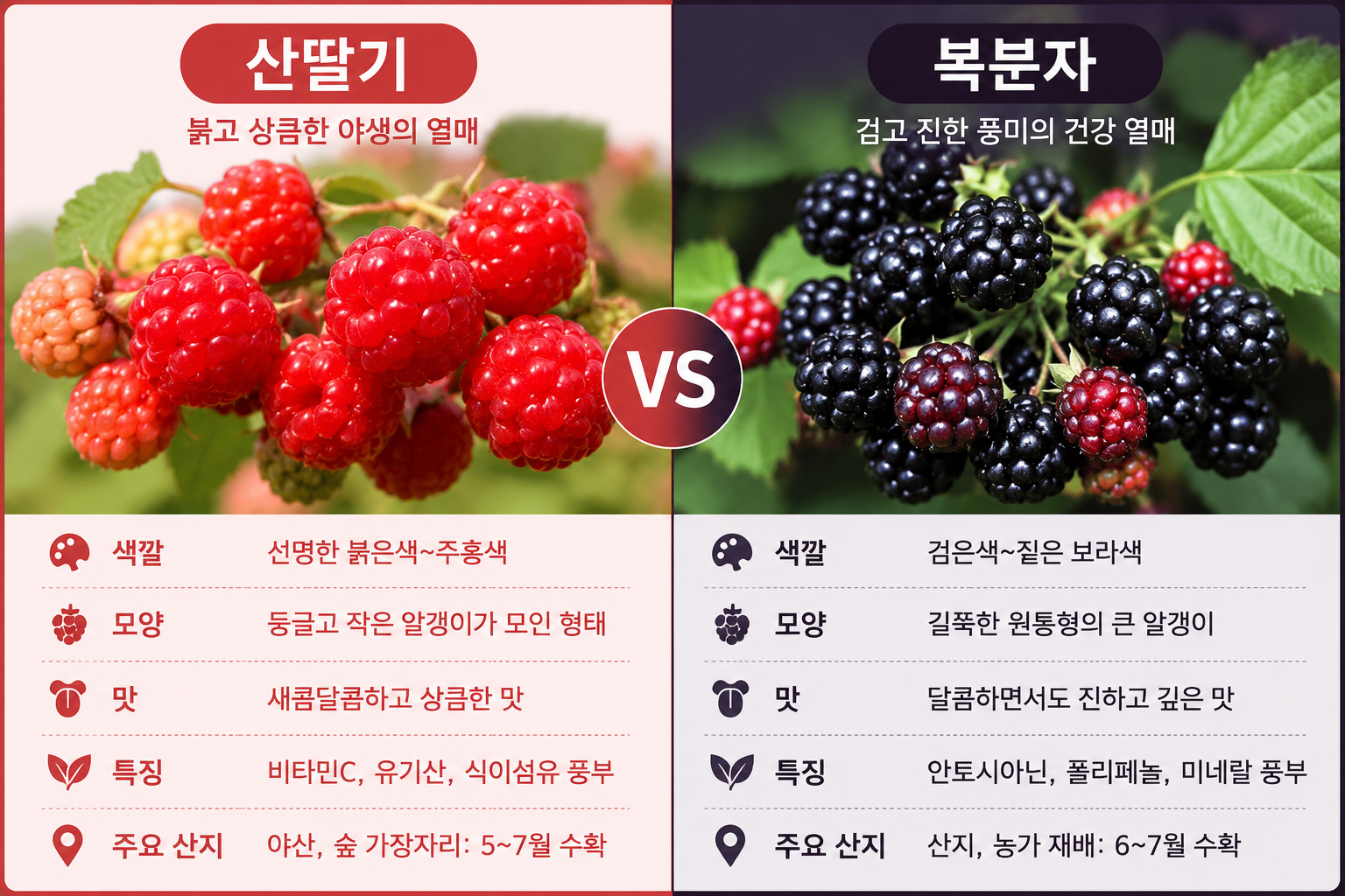 산딸기와 복분자 차이 색깔 모양 맛 비교 사진