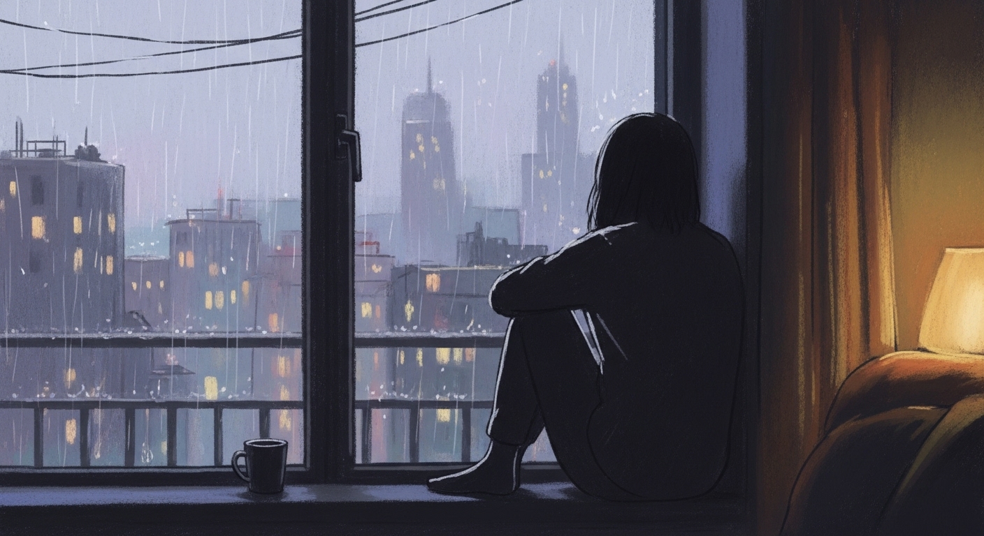 비 오는 도시 창가에 앉아 생각에 잠긴 사람을 묘사한 파스텔 톤 일러스트. 차분하고 고요한 도시 풍경 속에서 위로를 주는 듯한 따뜻한 감성이 느껴진다.