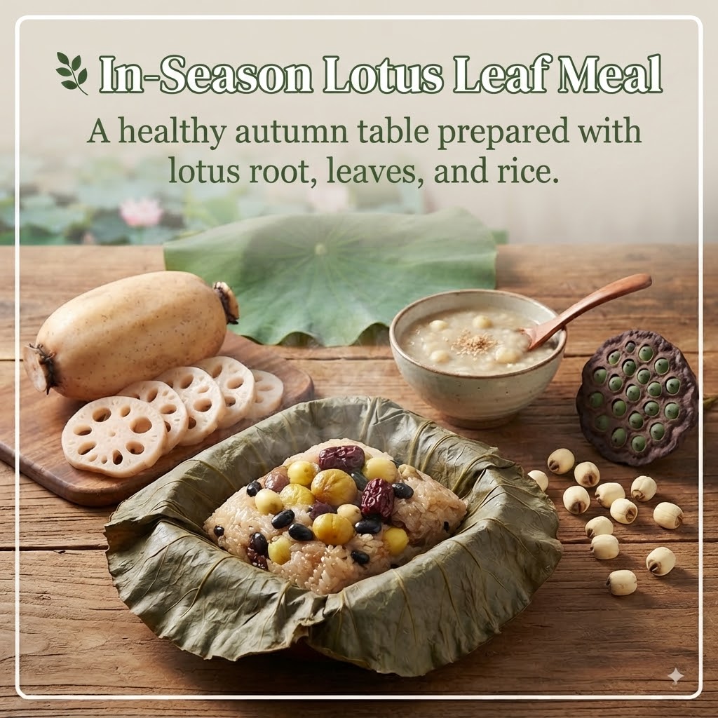In-season lotus seeds, lotus roots, lotus leaf rice, and lotus seed porridge neatly arranged on a wooden table for a healthy autumn dining table thumbnail