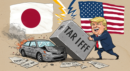 관세정책으로 일본을 압박하는 트럼프 (풍자화)