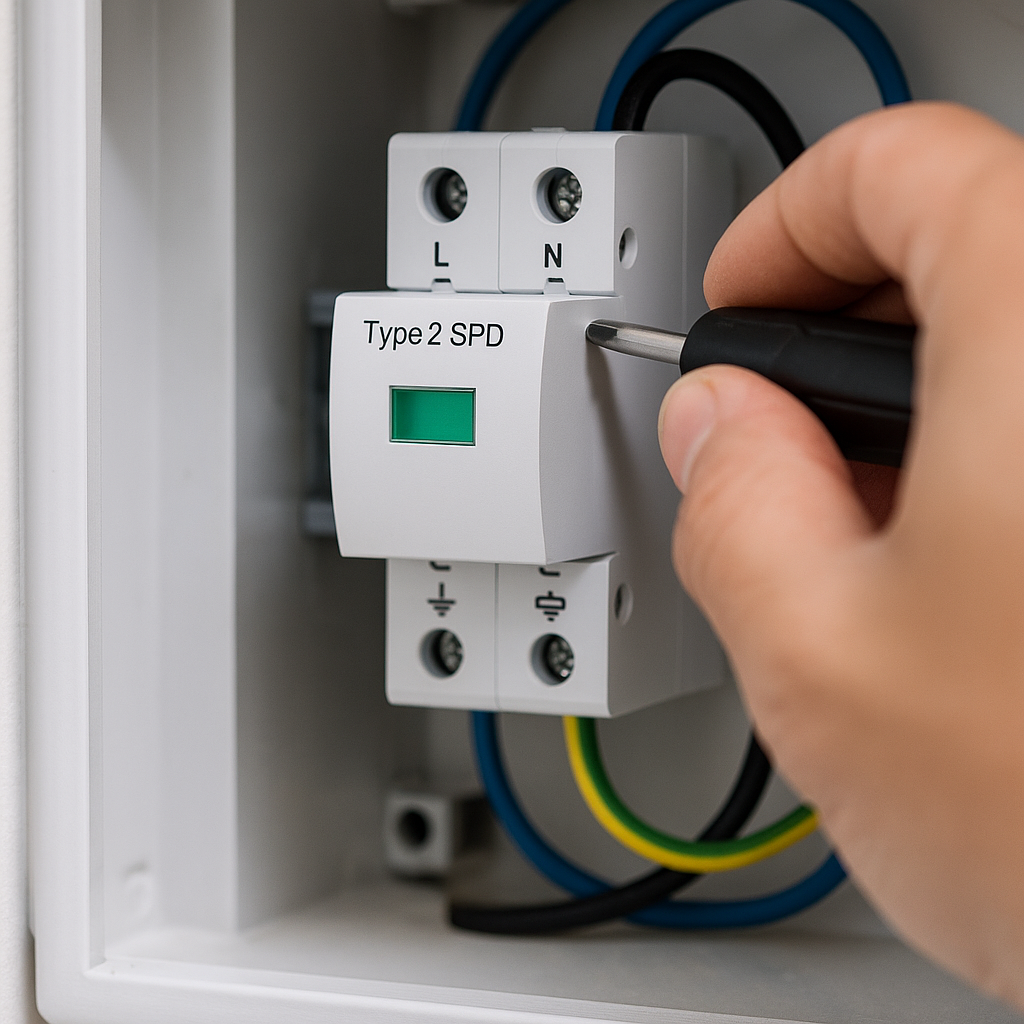 분전반 내부에 장착 중인 Type 2 서지보호기(SPD)와 단자 조임 작업