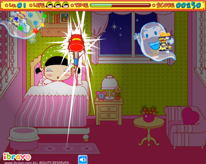 슈의-바사삭-시끄러-아이지키미-순발력-테스트-플래시게임-플레이-유령의-공격을-대비하는-화면