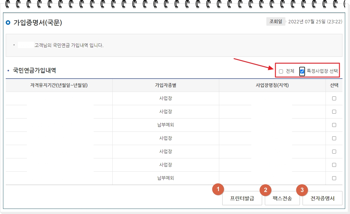 국민연금가입내역 화면