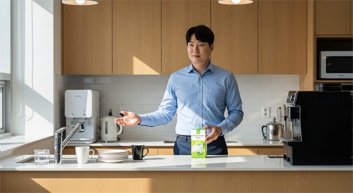 점심 후 사무실에서 페퍼민트 차를 고르는 모습