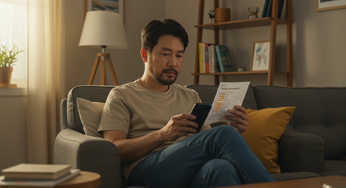 한국인이 스마트폰으로 다양한 여행자 보험 상품을 비교하는 모습.