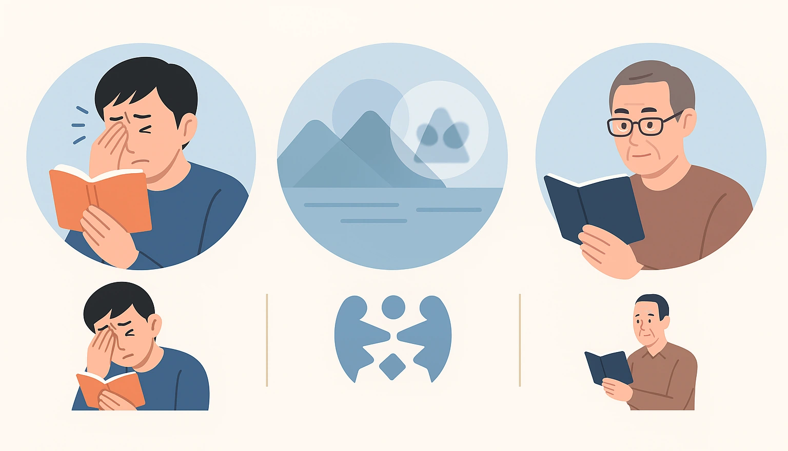 원시 – 책을 가까이 보다가 눈이 피로한 사람, 난시 – 흐릿하고 겹쳐 보이는 시야 일러스트, 노안 – 중년 인물이 책을 멀리 두고 보는 장면