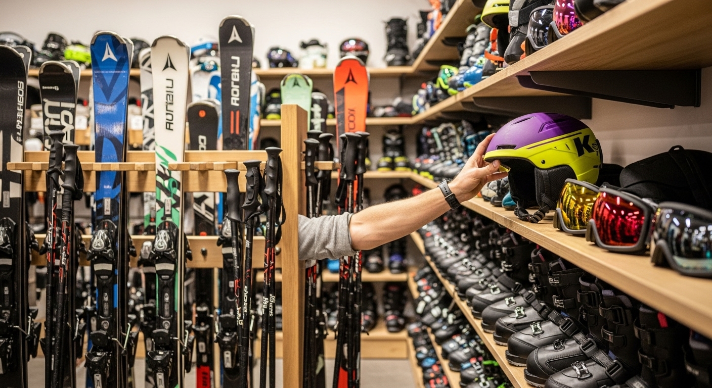 스키 렌탈샵에 진열된 다양한 스키 장비들(스키, 부츠, 헬멧, 고글). 한 사람이 보라색 헬멧을 고르고 있는 모습입니다.