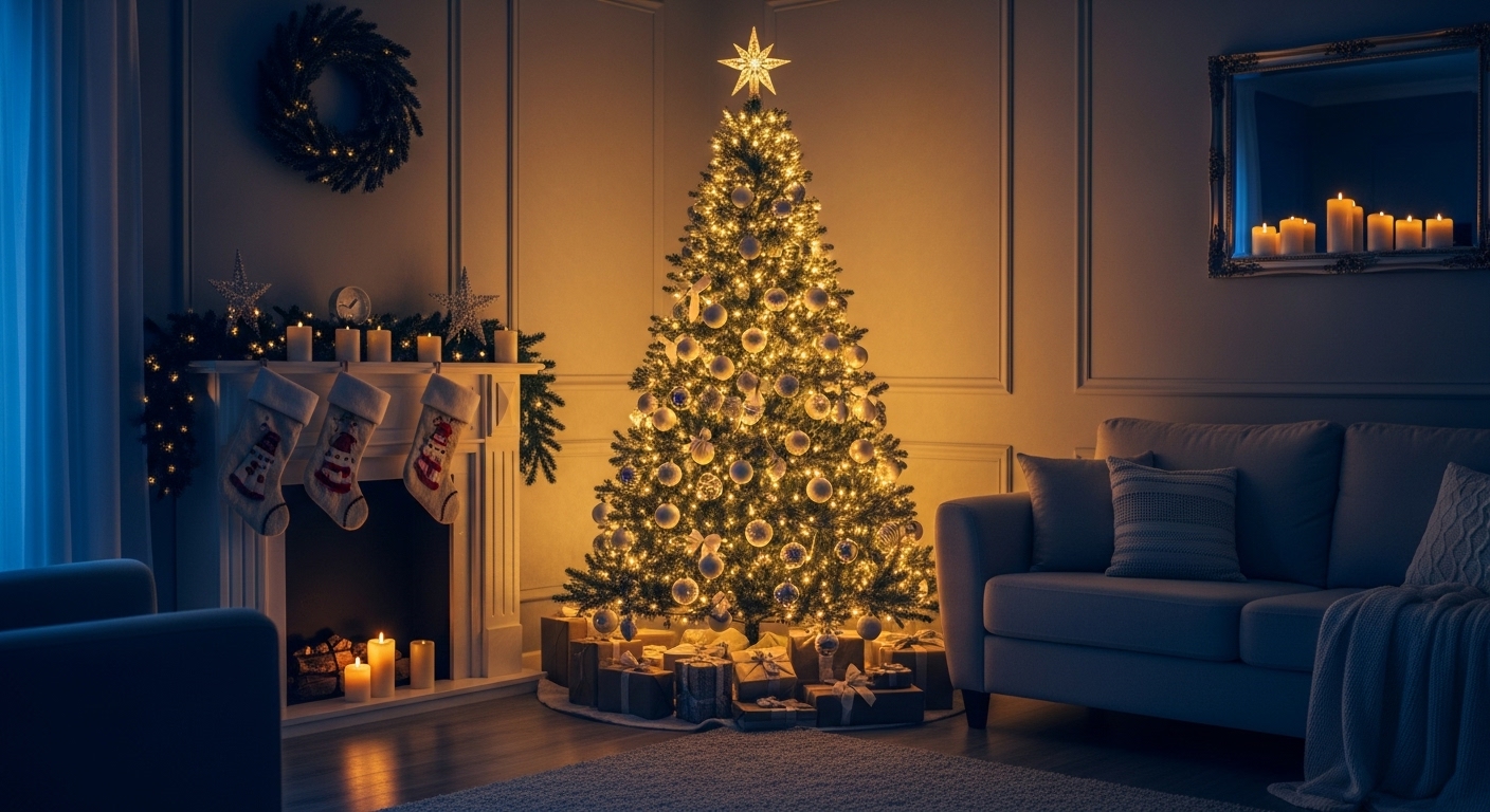 따뜻한 조명 아래 화려하게 장식된 크리스마스 트리가 있는 아늑한 거실, 크리스마스 선물과 함께 연말 분위기를 연출하는 홈데코.