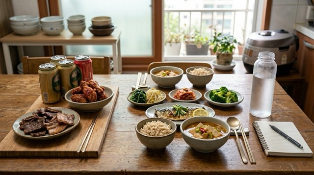 통풍 식단에서 피해야 할 음식과 물병을 함께 정리한 장면