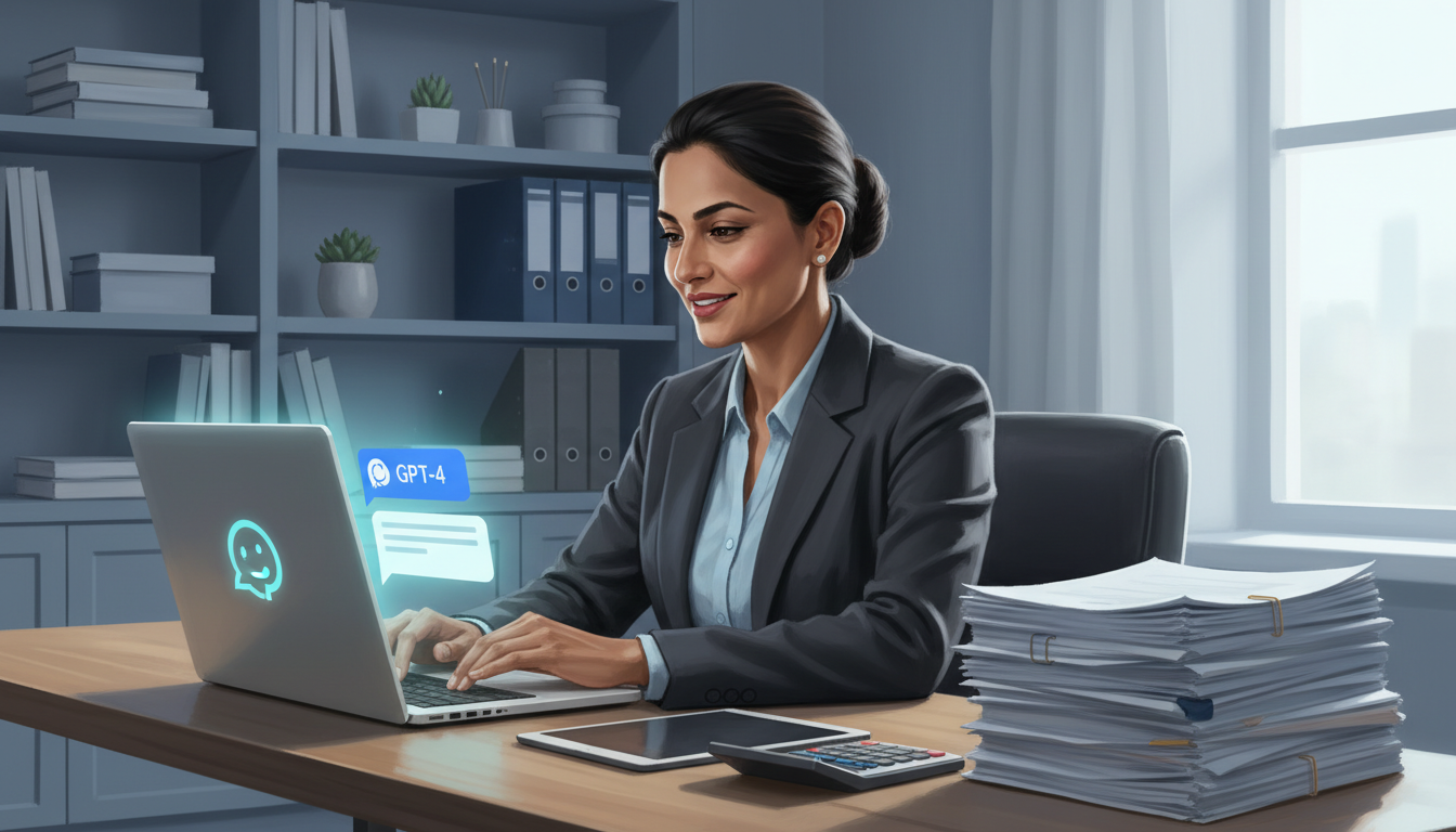 사업자 데스크에서 챗GPT 화면을 보며 웃는 전문가, 옆에는 잘 정리된 서류와 계산기가 놓여있어 비용 처리와 절세 성공을 상징합니다.