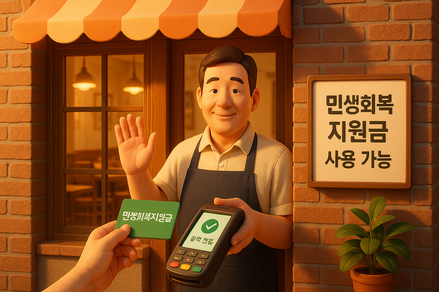 민생회복지원금 사용을 환영하는 문구가 있는 활기찬 가게 입구 모습