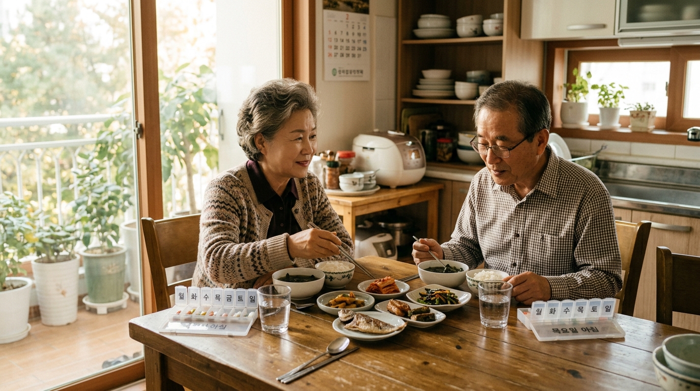 혈압약을 규칙적으로 챙기는 노인 부부의 건강한 아침 일상