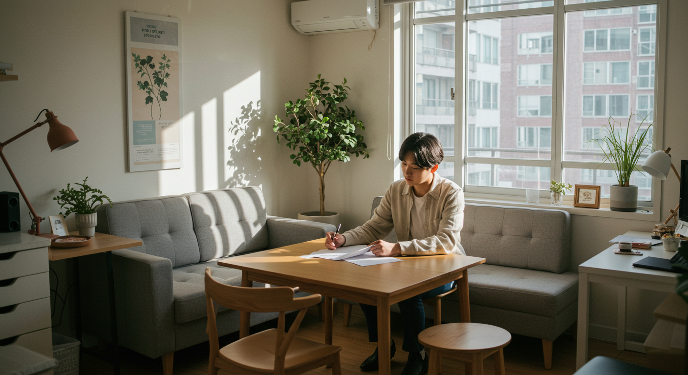 Korean youth rent support consultation in a small Seoul studio apartment (청년 전세·월세 지원 상담, 서울 원룸)