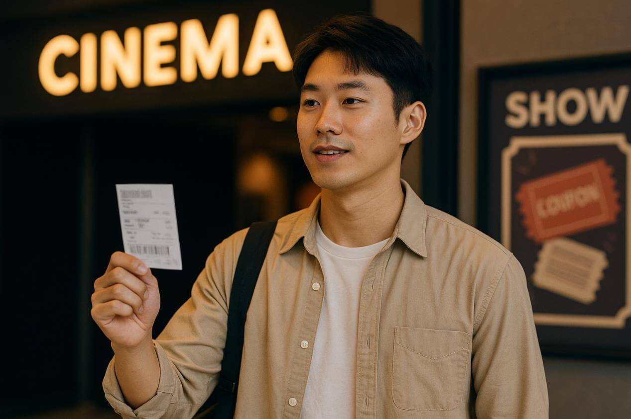 영화관 입구에서 표를 들고 들어가는 청년