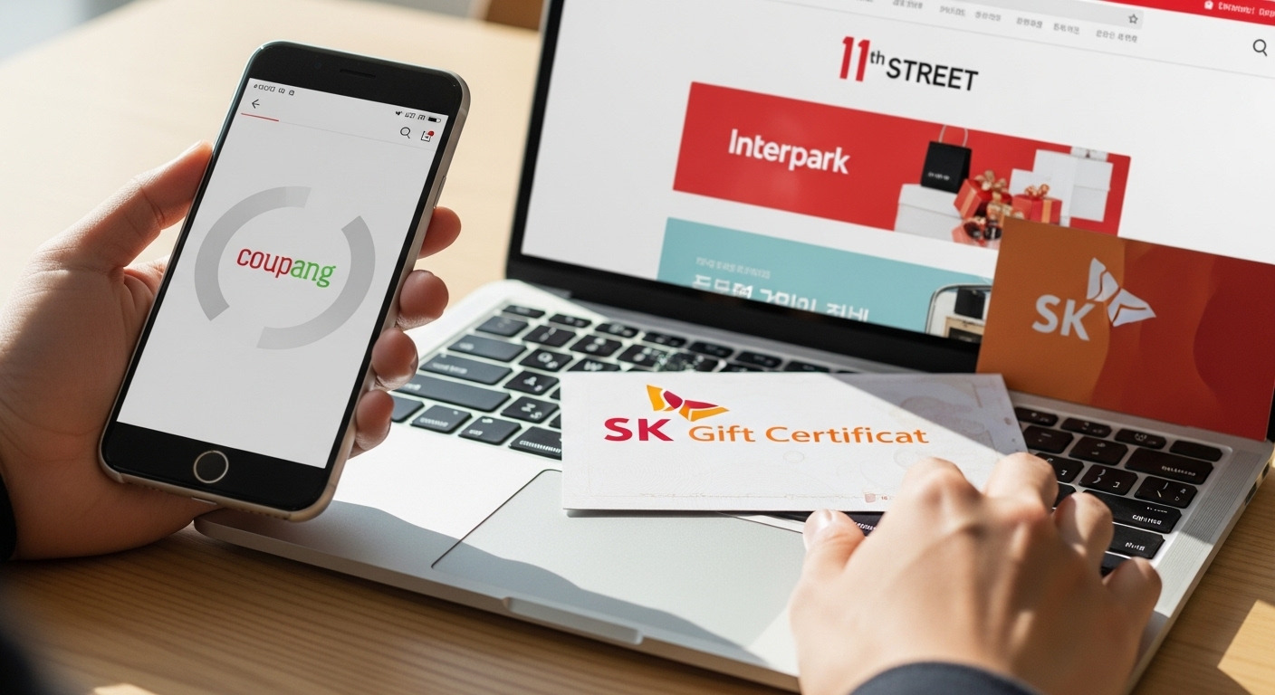 SK상품권을 옆에 두고 쿠팡, 11번가, 인터파크 등 온라인 쇼핑몰 웹사이트가 보이는 노트북과 스마트폰을 사용하는 모습