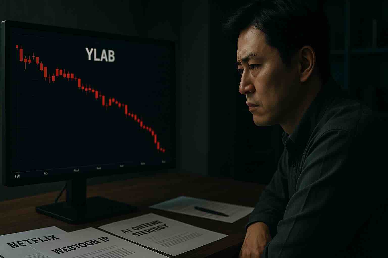 YLAB 주가 급락을 바라보는 한국 투자자, 넷플릭스 계약과 AI 콘텐츠 전략 문서가 책상에 놓여 있음