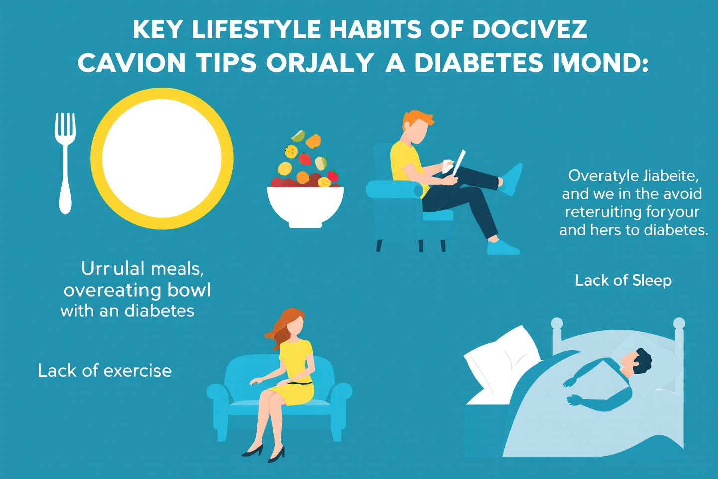 당뇨 환자가 피해야 할 주요 생활 습관을 정리한 인포그래픽: 불규칙한 식사, 과식, 운동 부족, 수면 부족 등의 요소 포함"
