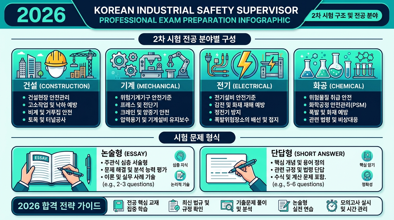 산업안전지도사 2차 시험 4개 분야 출제 유형 분석 &mdash; 2025년 기출 기반 준비 전략 인포그래픽