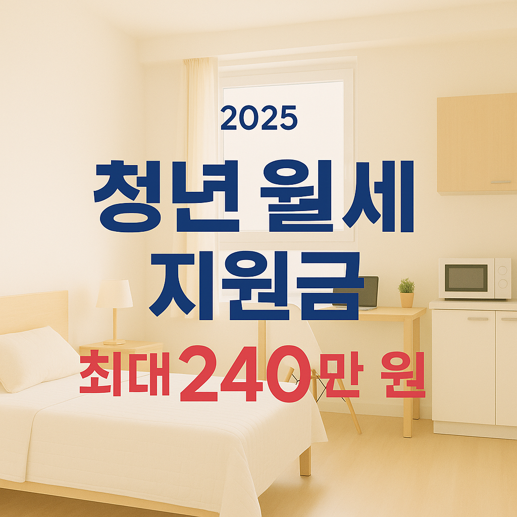 alt="2025 청년 월세지원금 안내 이미지. 최대 240만 원 지원 문구와 원룸 배경 포함"