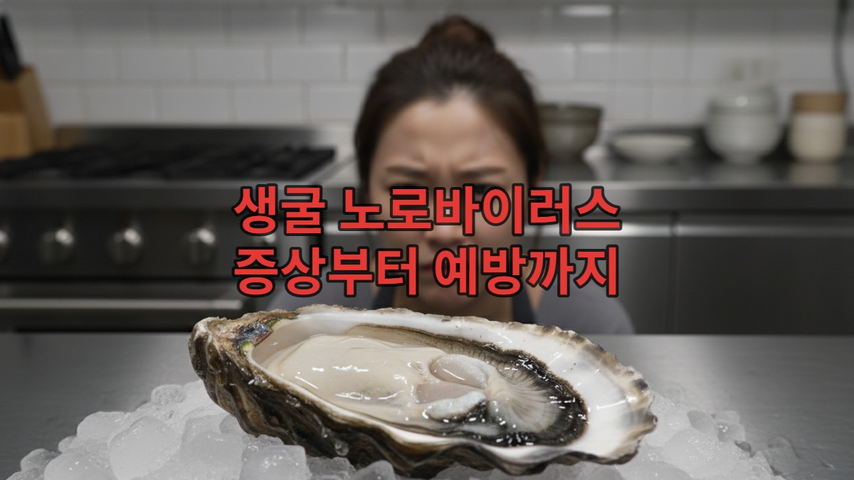 얼음 위에 놓인 신선한 생굴과 이를 조심스럽게 바라보는 한국인 여성의 모습