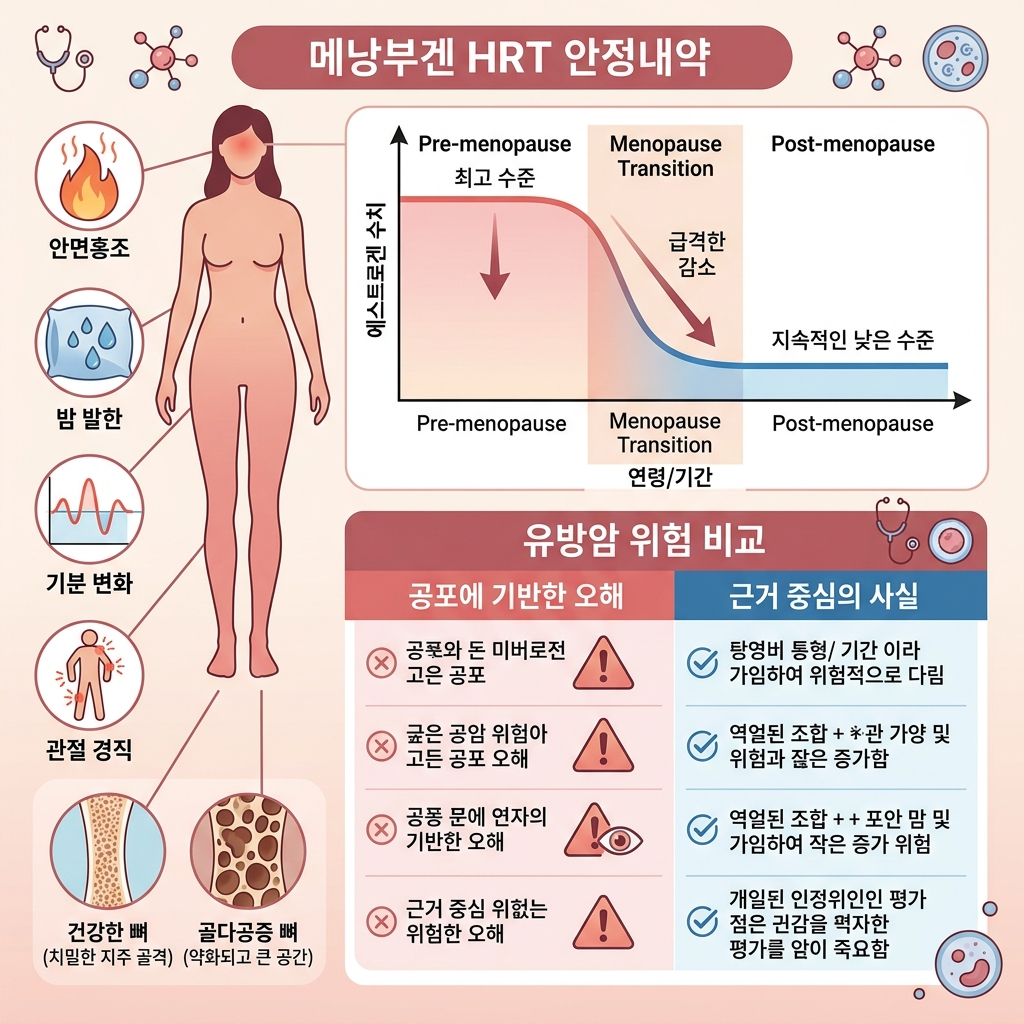 갱년기 호르몬 치료 유방암 위험 진실, 에스트로겐&middot;골다공증&middot;제형 차이까지