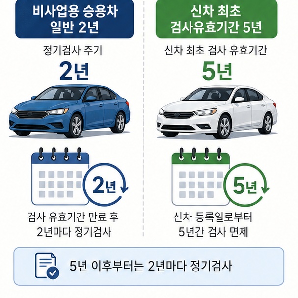 비사업용 승용자동차의 일반적인 검사유효기간은 2년이고 신차의 최초 검사유효기간은 5년임을 설명한 이미지
