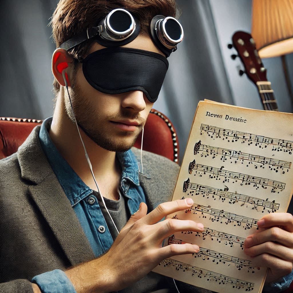 시각장애인 음악가가 점자악보를 읽고 있는 모습