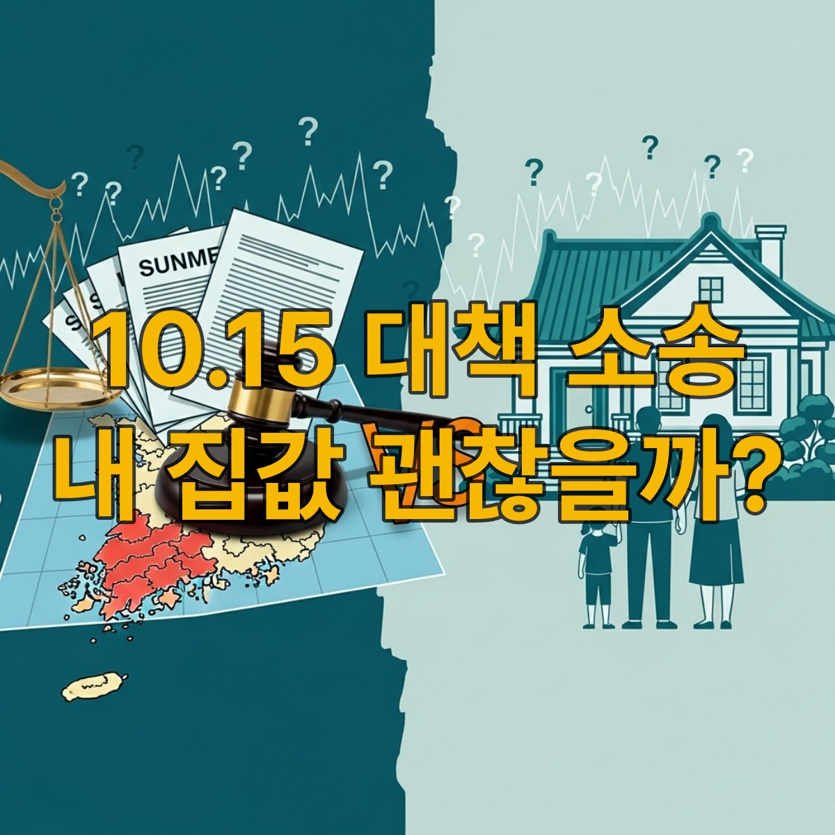 법원 망치와 법률 문서가 놓인 한국 지도 위로 부동산 규제와 소송을 나타내고, 한 가족이 주택 앞에서 재산권을 지키려는 모습을 보여주는 이미지