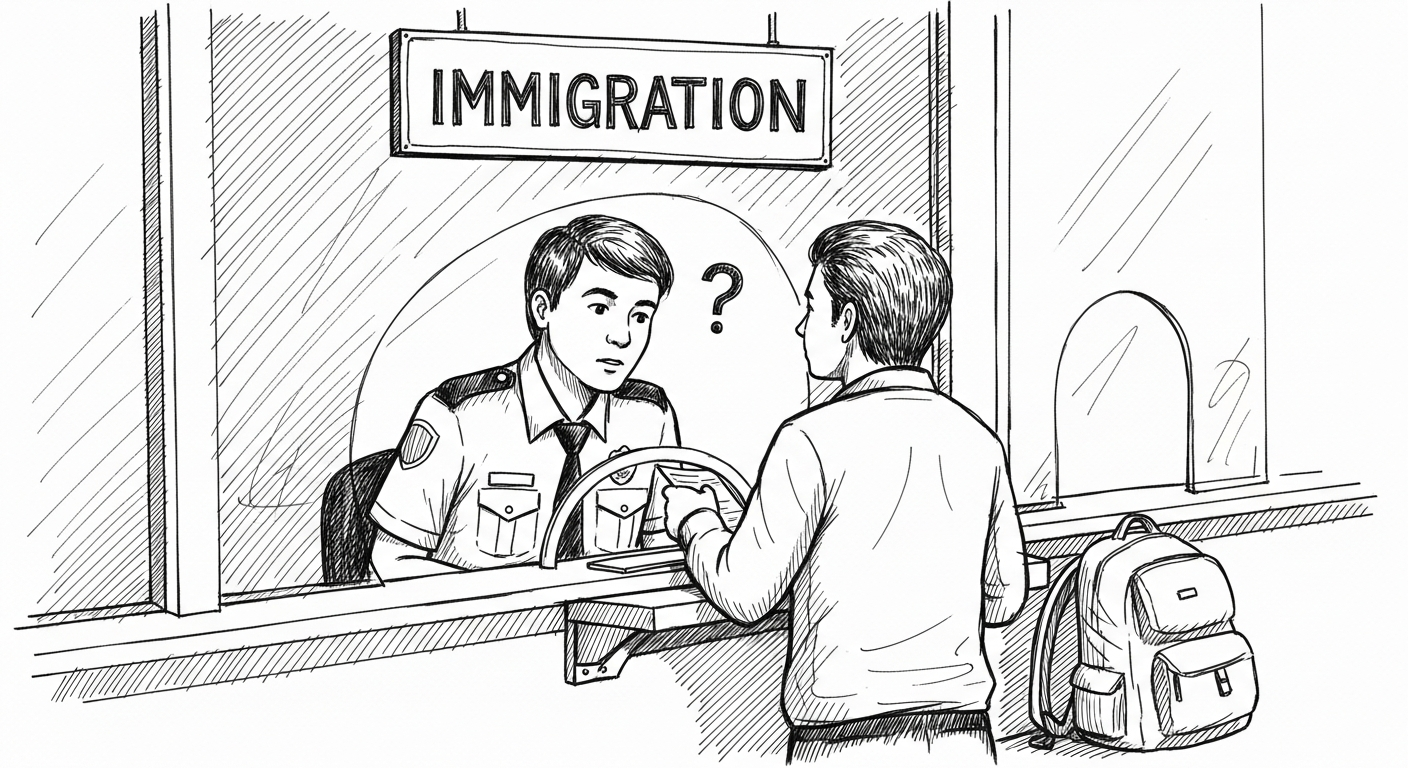 입국 심사관과 대화하는 여행자
