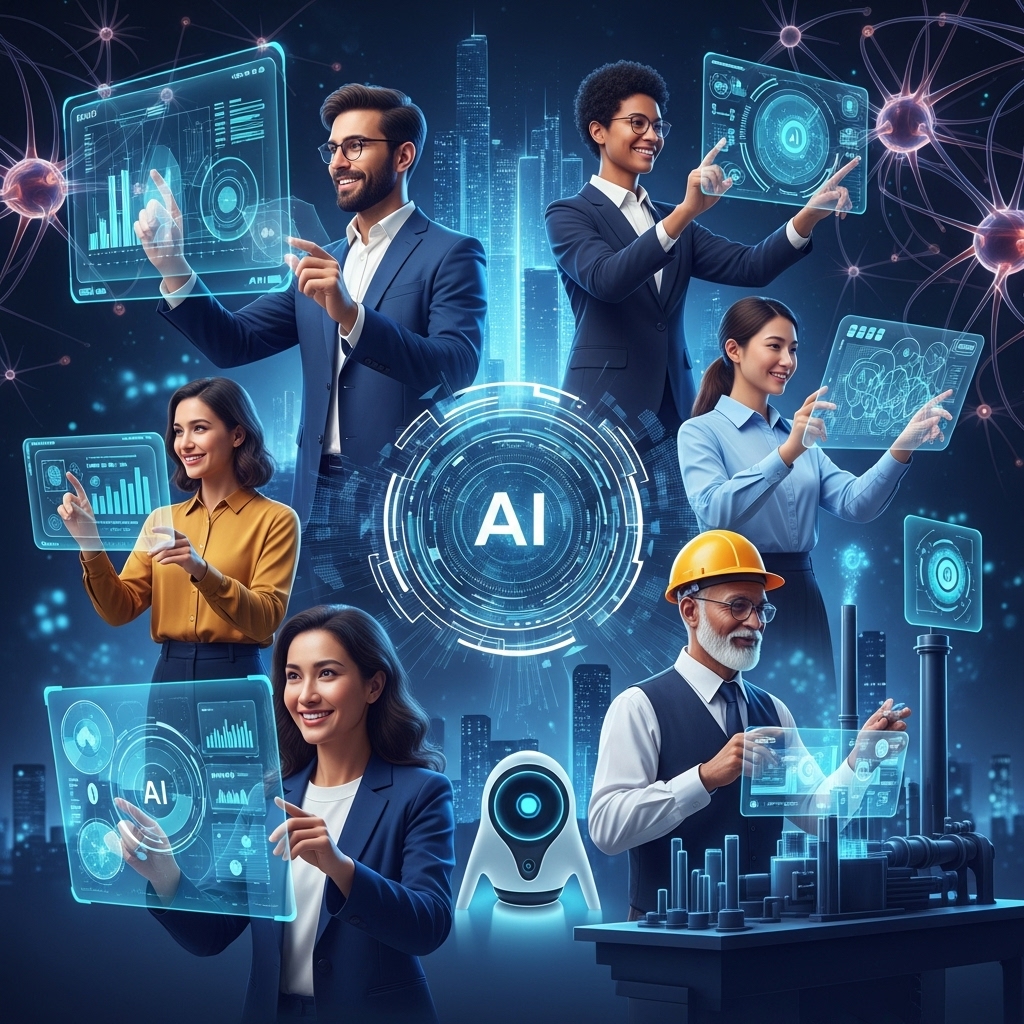 다양한 연령과 직업 배경의 사람들이 AI 기술을 활용하여 성공적으로 커리어를 전환하는 역동적인 모습