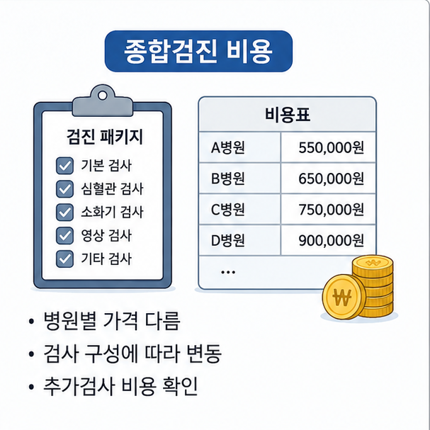 병원별 검진 가격과 검사 구성, 추가검사 비용이 달라질 수 있음을 설명한 이미지
