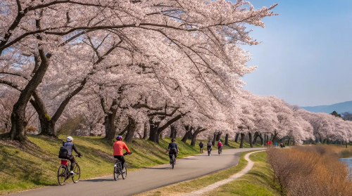 벚꽃-나무-거리-공원-자전거-타는-사람들