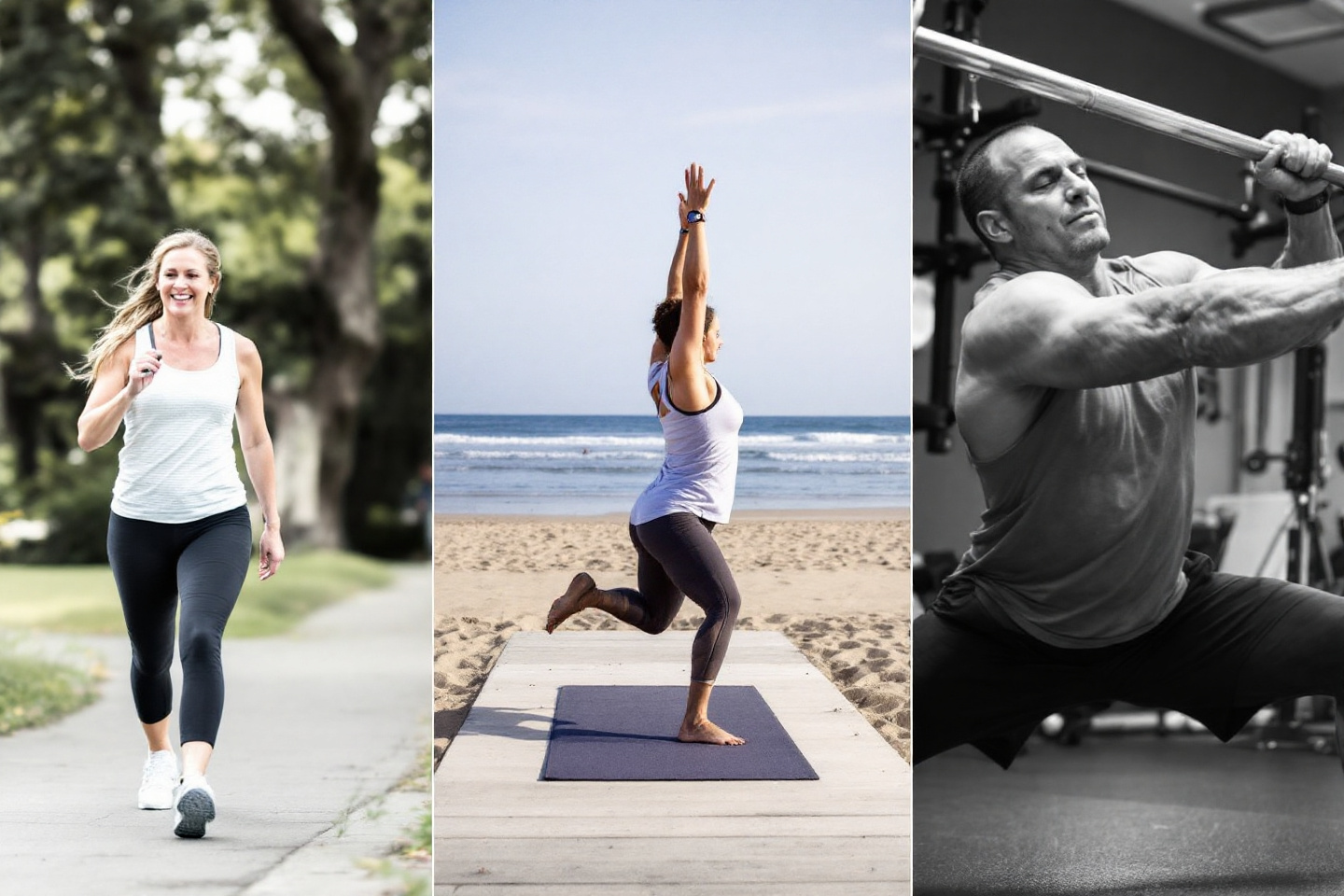 운동하는 다양한 연령대의 사람들: 걷기, 요가, 근력 운동을 하는 모습