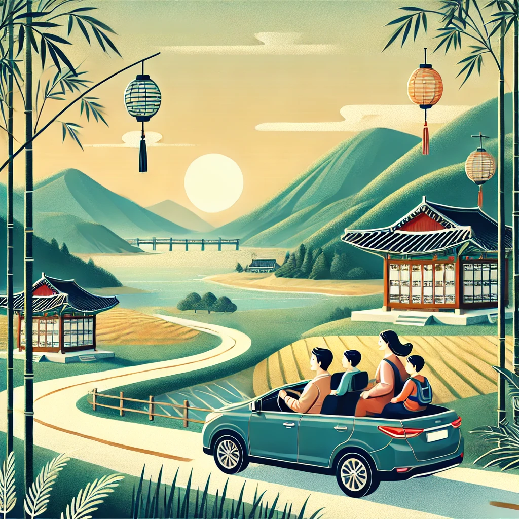 설날에 한국의 숲과 논밭을 배경