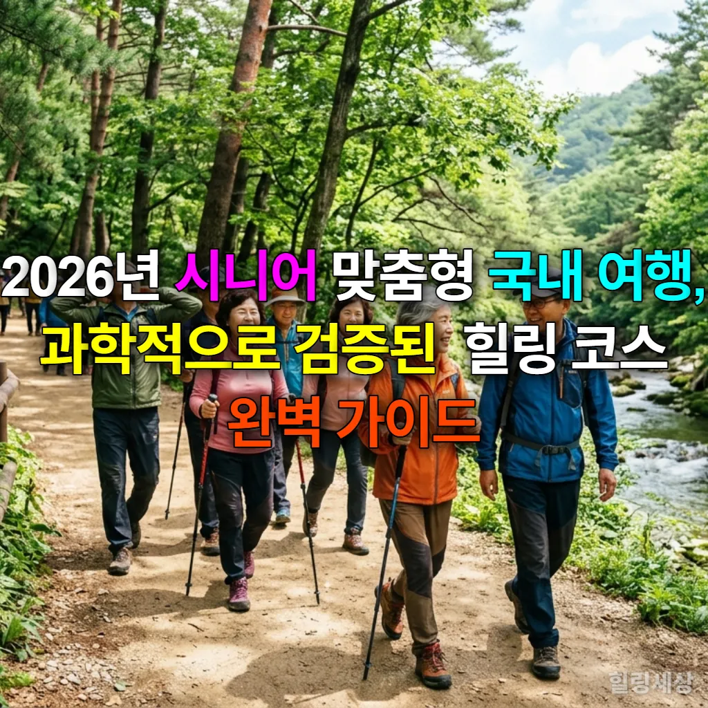 2026년 시니어 맞춤형 국내 여행을 즐기는 활기찬 한국 시니어 그룹이 숲길을 걷는 모습