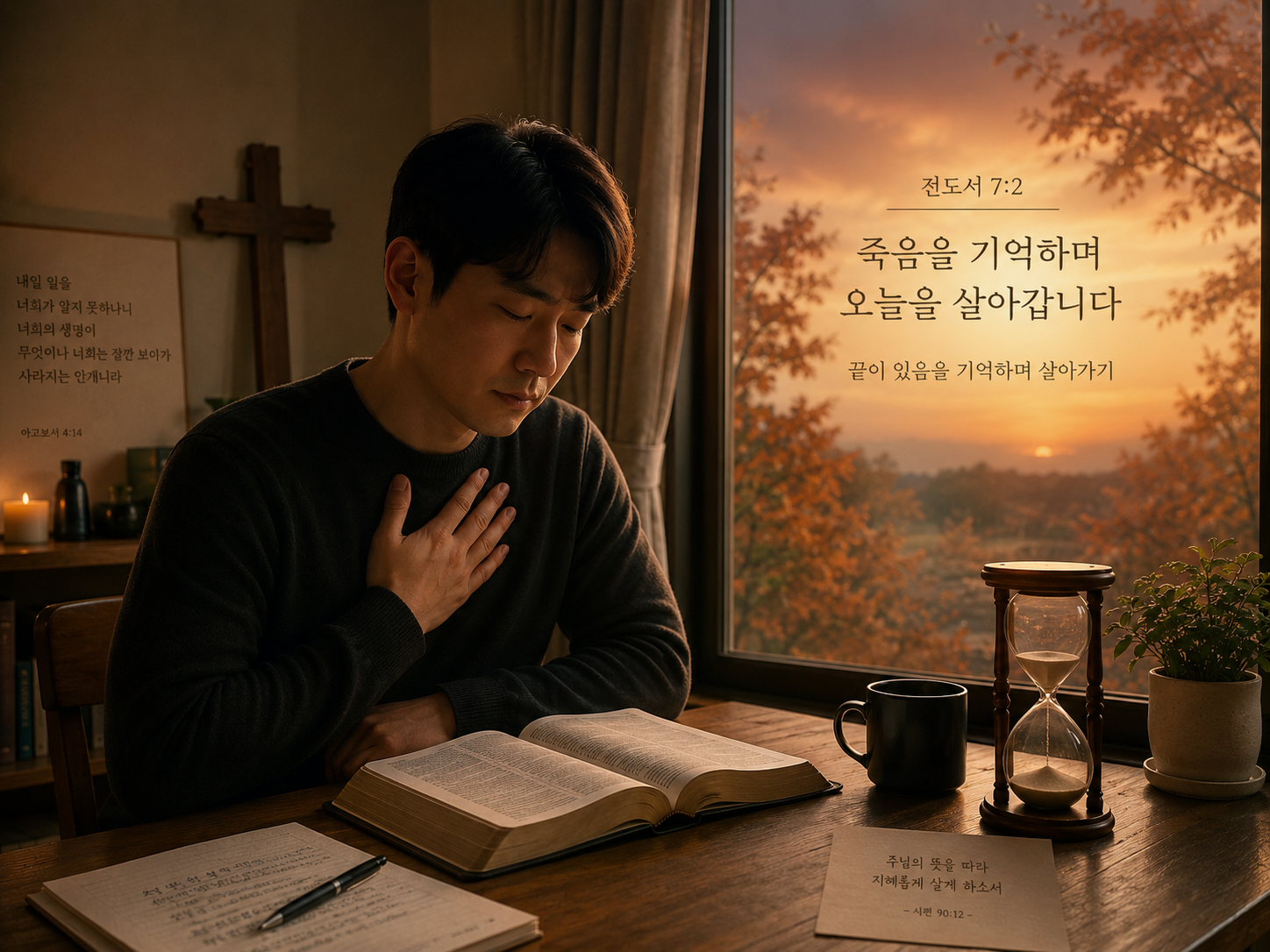 전7:2 말씀에서 살아가며 반드시 기억해야 하는 것이 죽음임을 다시금 기억해야 하겠습니다. 역설적이게도 살아있지만 그럼에도 살아있는 것이 아니라 죽음을 기억하는 자가 되어야 하겠습니다. 오늘을 살아가면서 반드시 죽음이 있음을&amp;#44; 끝이 있음을 기억하며 살아가는 모습입니다.
