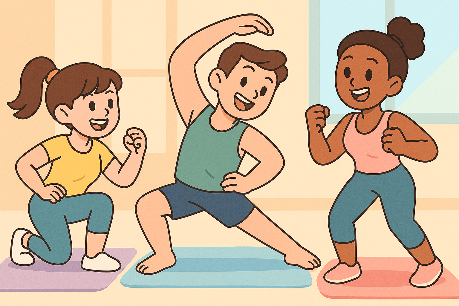 다이어트 챌린지를 함께하는 사람들, 친구 두 명 또는 세 명이 함께 스트레칭하거나 요가 매트 위에서 웃으며 운동하는 장면