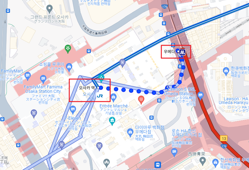 우메다역에서 오사카역 도보로 이동