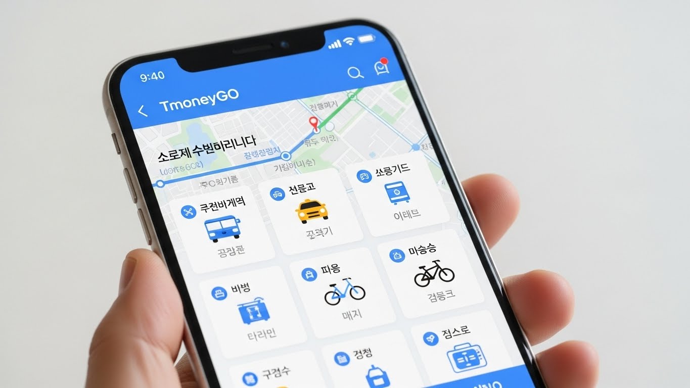 티머니GO 앱의 통합 모빌리티 서비스 메인 화면으로, 다양한 교통수단 아이콘과 예매 기능이 한눈에 보이는 모습