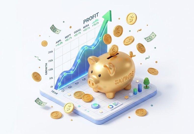 미국 배당 ETF 투자 성장을 상징하는 황금 돼지 저금통과 우상향 그래프 일러스트.