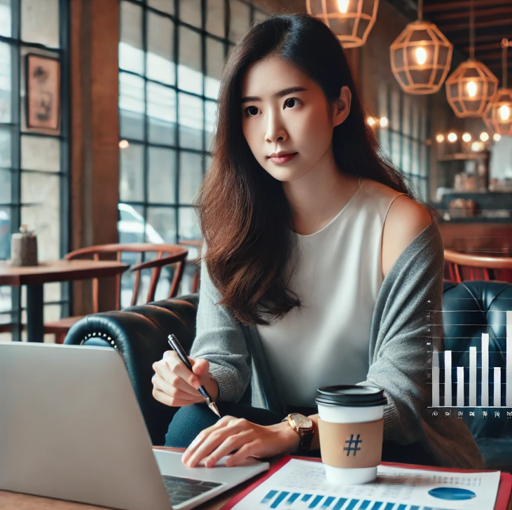 카페에서 노트북으로 투자 차트를 보고있는 30대 여성