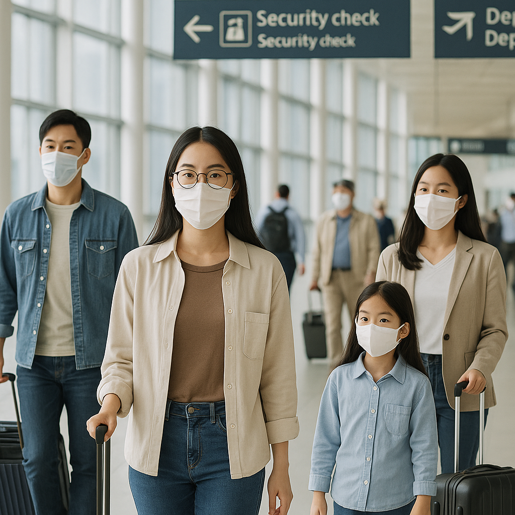 여름 공항에서 마스크를 착용한 여행객들