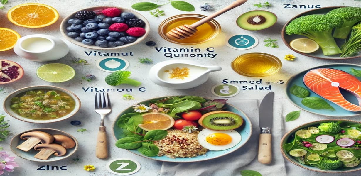 아침, 점심, 저녁 건강 식단을 포함한 봄철 면역력 강화 식단 이미지 – 각 식재료에 면역 관련 영양소 라벨이 붙어 있음